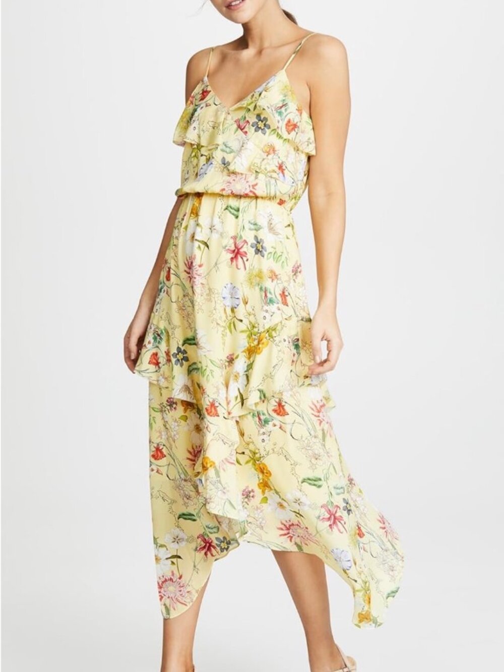 Parker Silk Floral Ruffle Midi Dress - Size XS